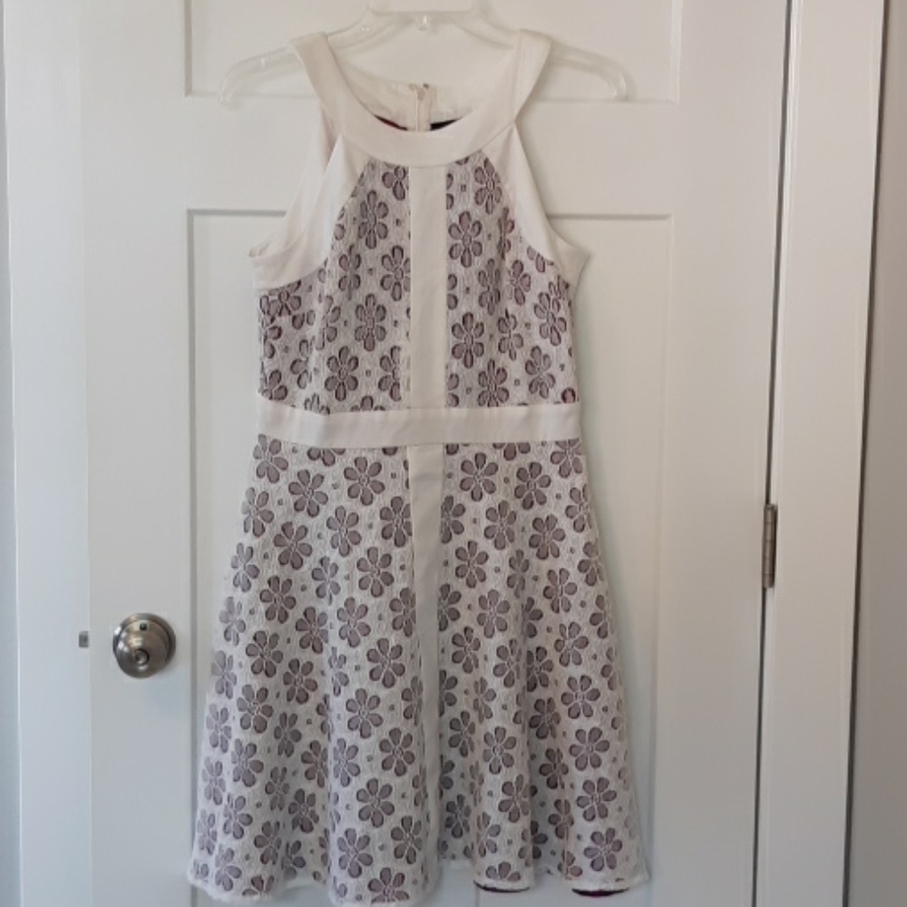 Purple dress with white lace overlay